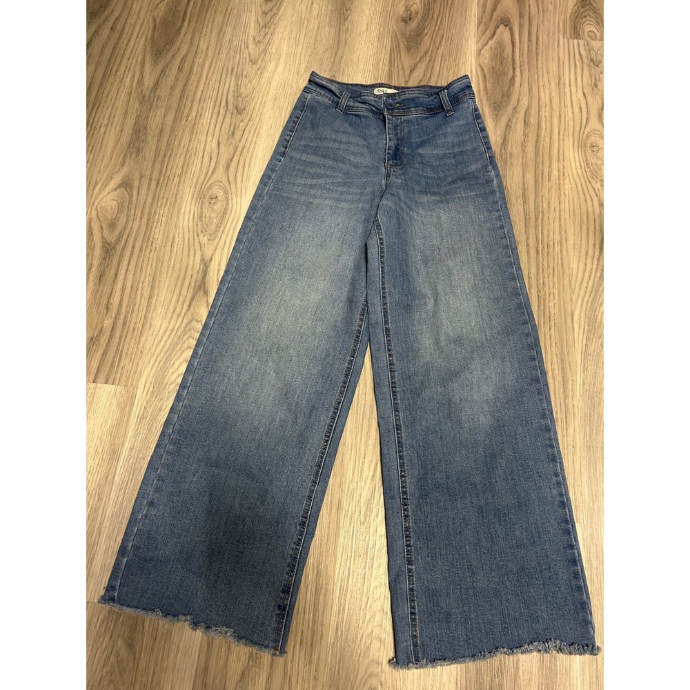 OAT Womens High Rise Wide Leg Raw Hem Denim Jeans Cotton Blend 2/26 Medium Blue